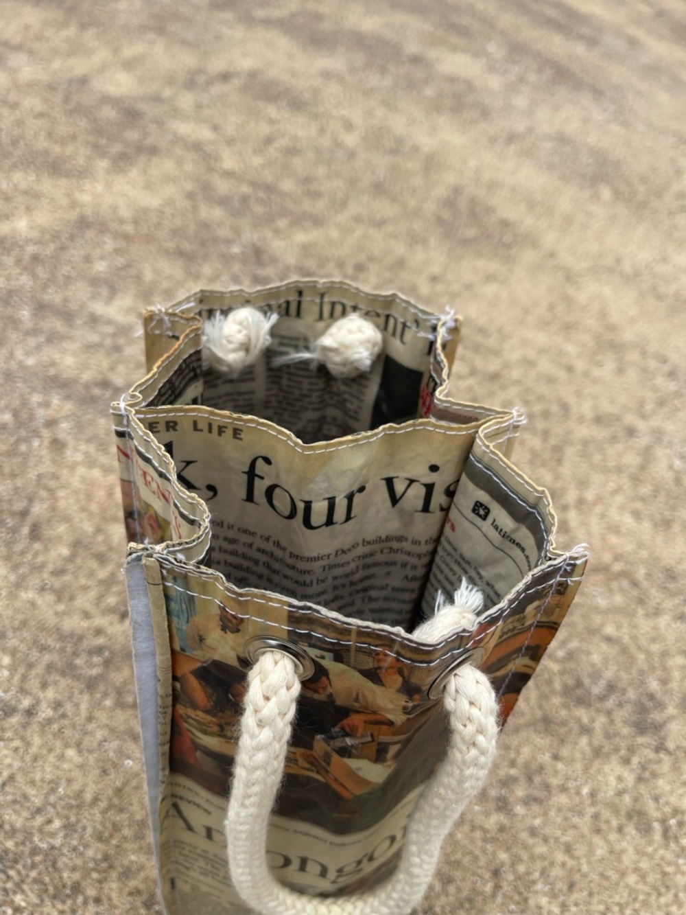 Double Sided Recycled Newspaper Print Wine Tote